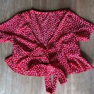 Red and white tie-up blouse